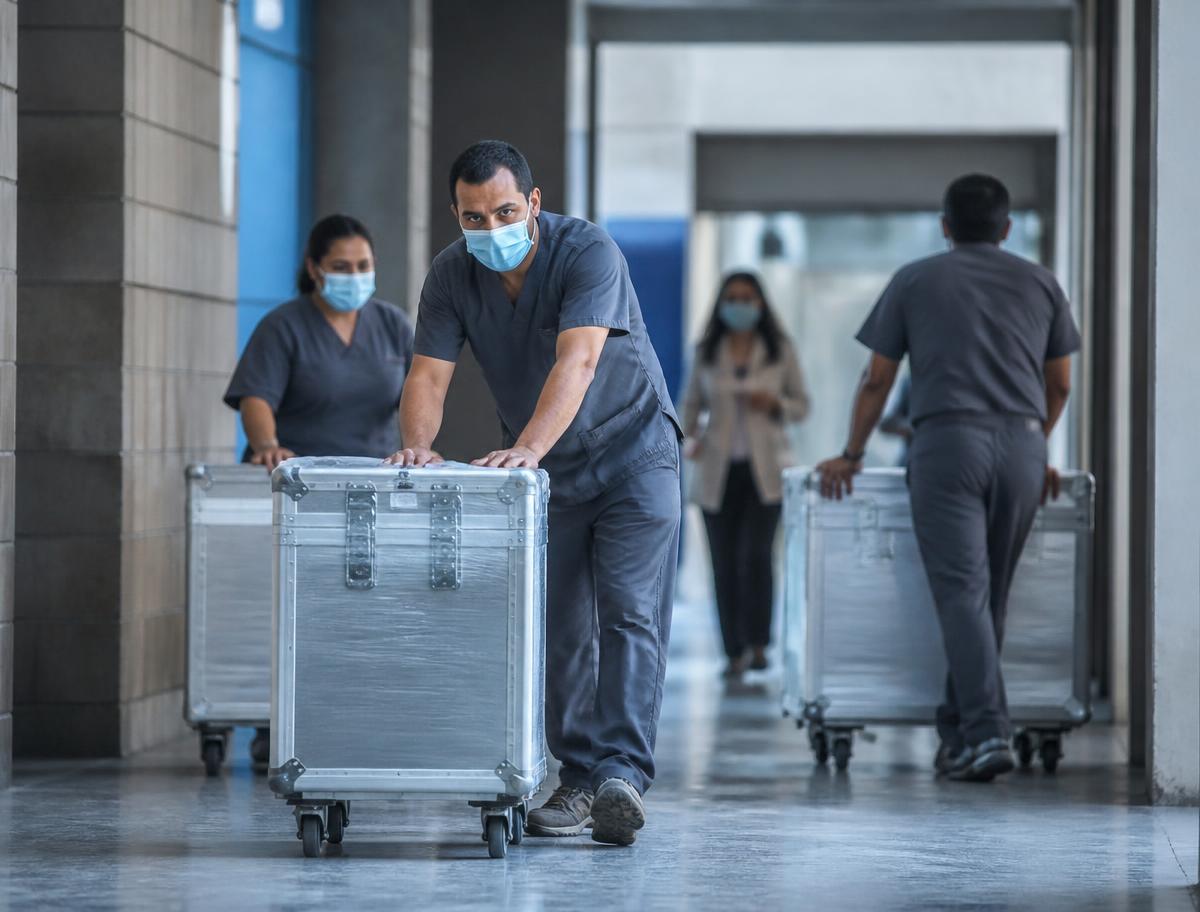 Personal hospitalario trasladando equipamiento médico recién adjudicado en un corredor sanitario