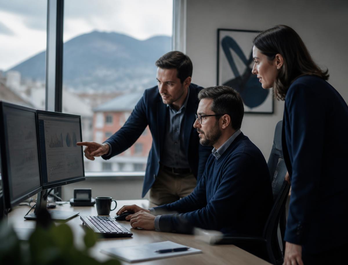 Equipo comercial revisando datos de contratación pública en monitores en una oficina de Quito